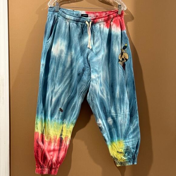 Vintage ED HARDY Skull Dagger Blue Yellow Red Tie Dye Jogger Pants Size XL RARE - Picture 1 of 7